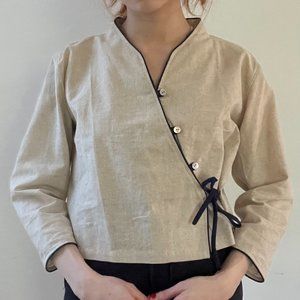 Linen asian style wrap shirt top